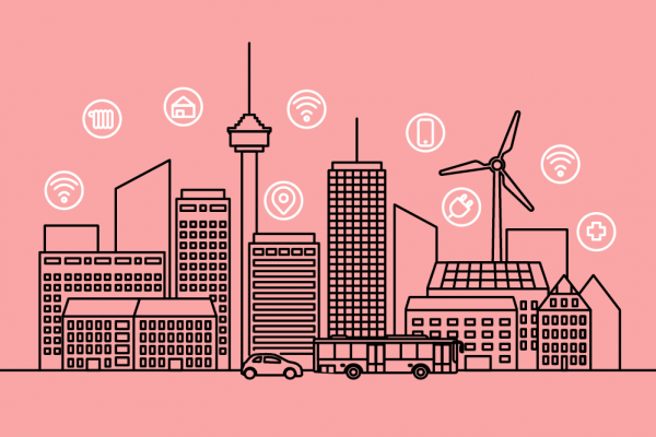 Smart City: Windrad, Hochhäuser, Funkturm, Bus, Auto